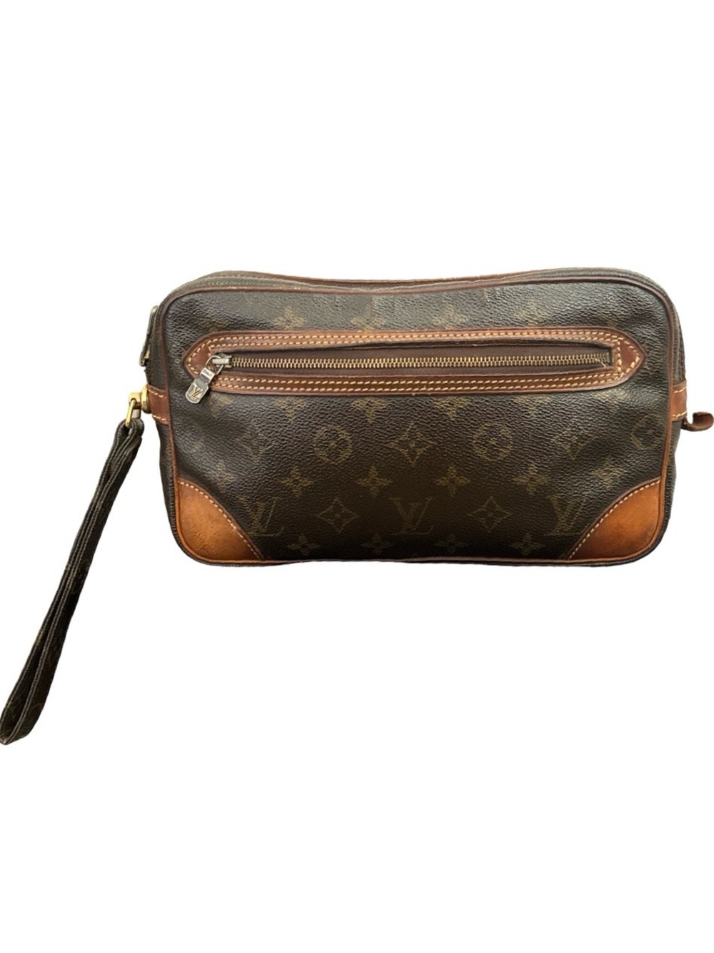 Louis Vuitton Brown Leather Wristlet Pouch with Gold Hardware